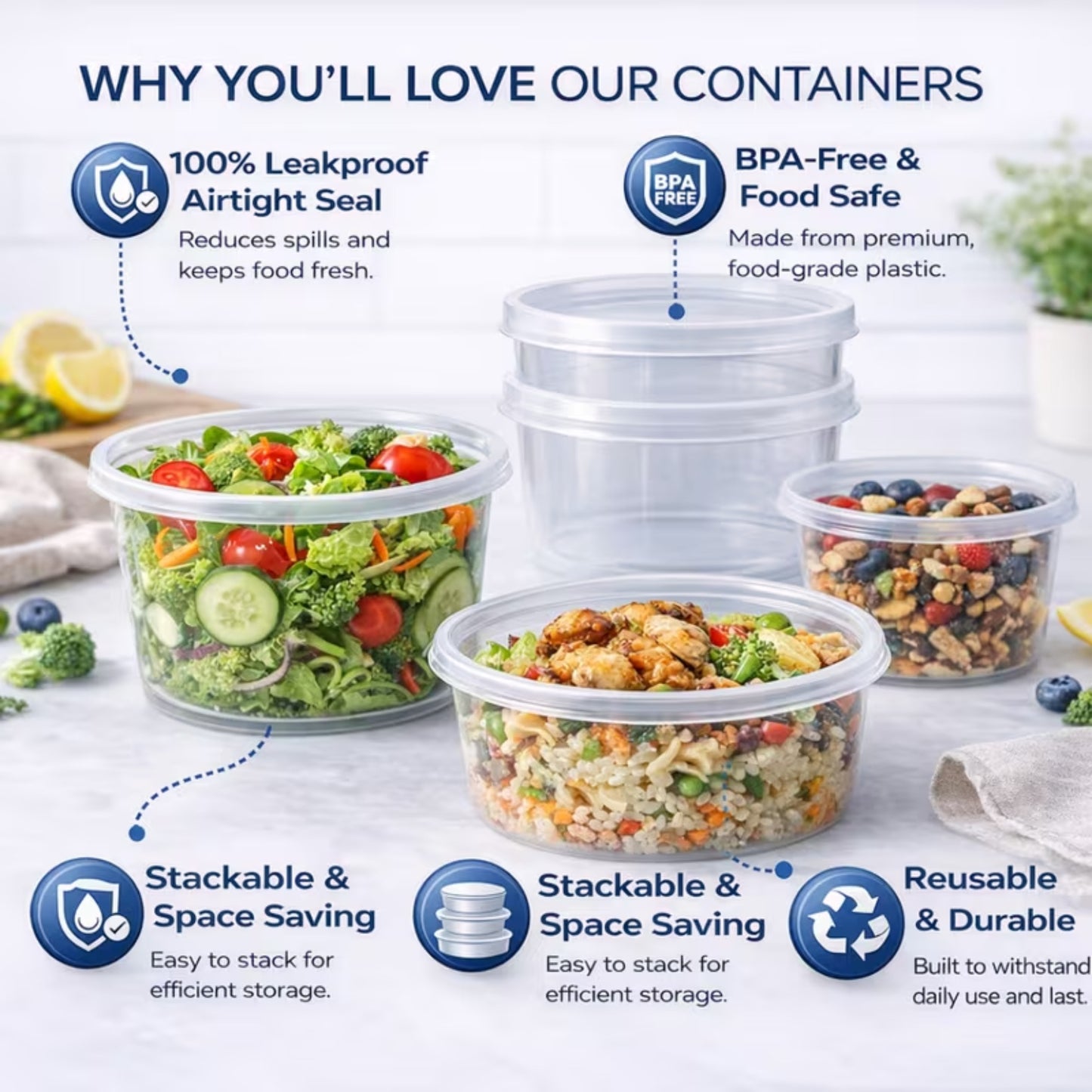 Round Food Storage Containers with Lids | Reusable Pots | Pack of 25