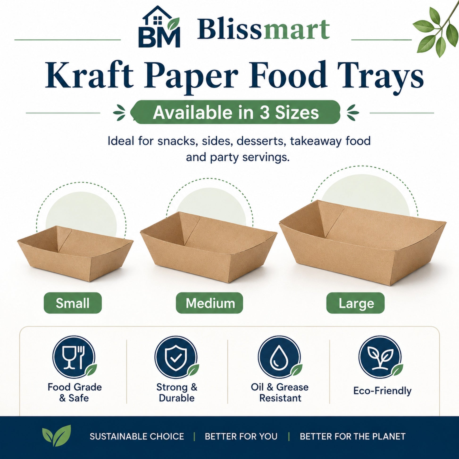 Blissmart kraft paper food trays with sizes small, medium, and large on a white background.