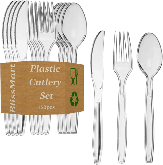 BlissMart 150 Pcs Heavy Duty Clear Plastic Cutlery Set Premium Quality Washable & Reusable 50 Spoons, 50 Forks, 50 Knives Set Perfect for for All Occasion Birthday Parties Weddings Camping