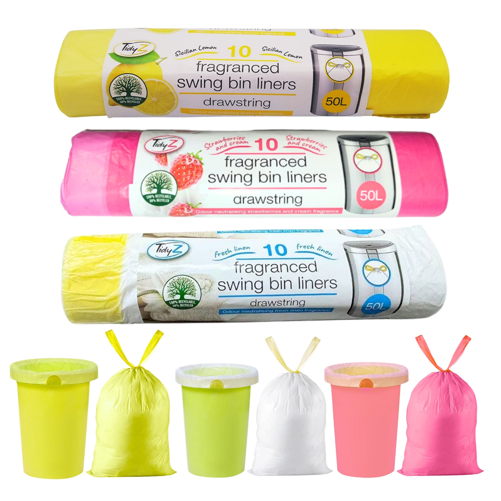 Three rolls of fragranced swing bin liners with corresponding yellow, pink, and white bags on a white background.