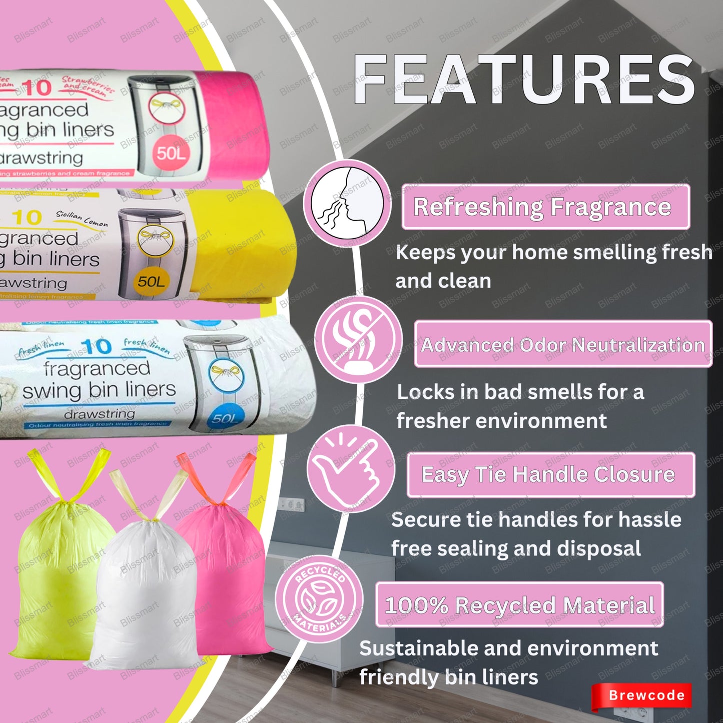 TidyZ Fragranced Swing Bin Liners | Tie-Handle Bin Bags | 10 Bags per pack