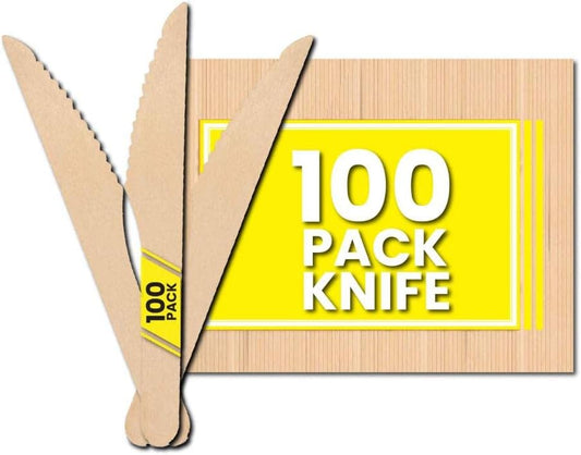 Disposable Wooden Knives [Pack of 100] | Eco-Friendly, Biodegradable Cutlery for Parties & Events
