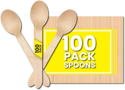 Disposable Wooden Spoons [Pack of 100] | Eco-Friendly, Biodegradable Spoons for Parties & Events